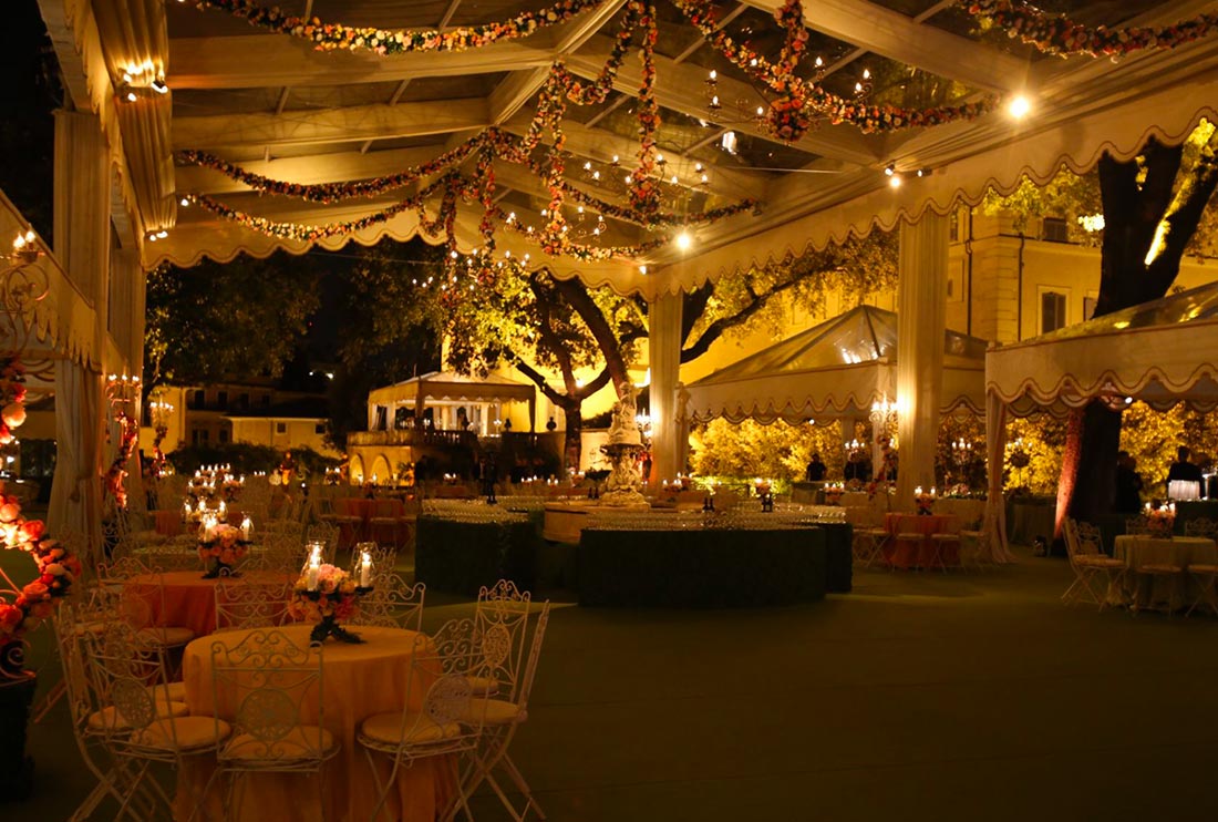 Bespoke tent structure for outdoor luxury reception at Palazzo Pallavicini's Casino dell'Aurora