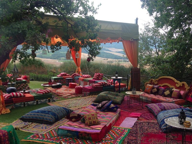 Bespoke draped tent structure for Moroccan style theme party at Val d'Orcia, Tuscany