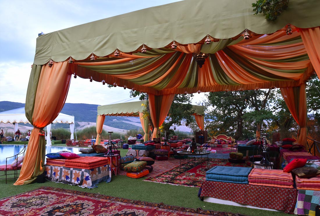 Bespoke draped tent structure for Moroccan style theme party at Val d'Orcia, Tuscany