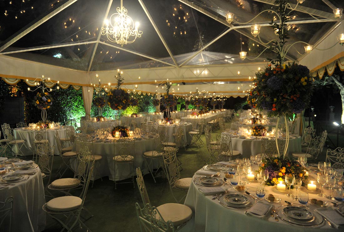 Bespoke marquee tents for prestigious Gala Dinner in the beautiful gardens surrounding Villa Aurelia, Rome