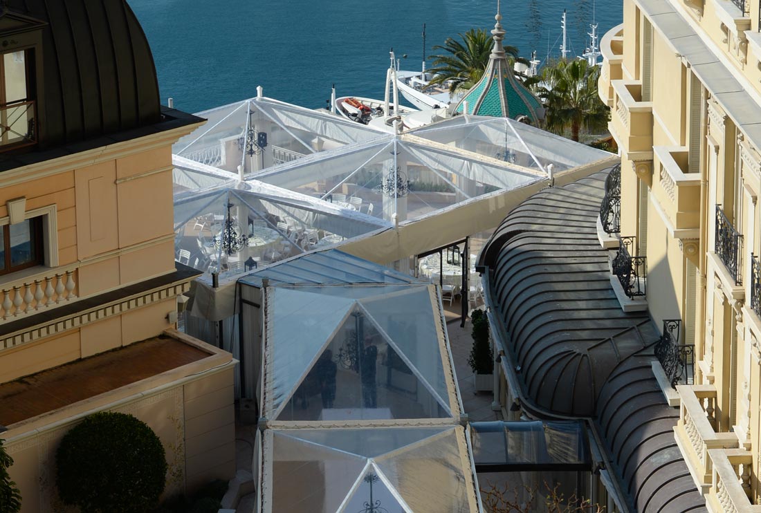 Clear top crystal marquee structure on Hotel Hermitage's Crystal Bar terrace, Monte Carlo 