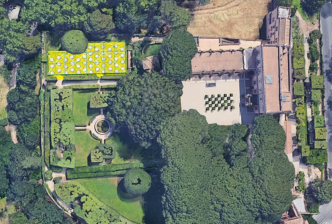 Bird-eye view of rendering for private event in Villa Aurelia