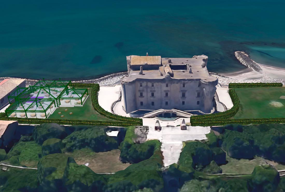 Project rendering of clear top crystal marquee tent for sea view wedding at Odescalchi Castle, Palo Laziale